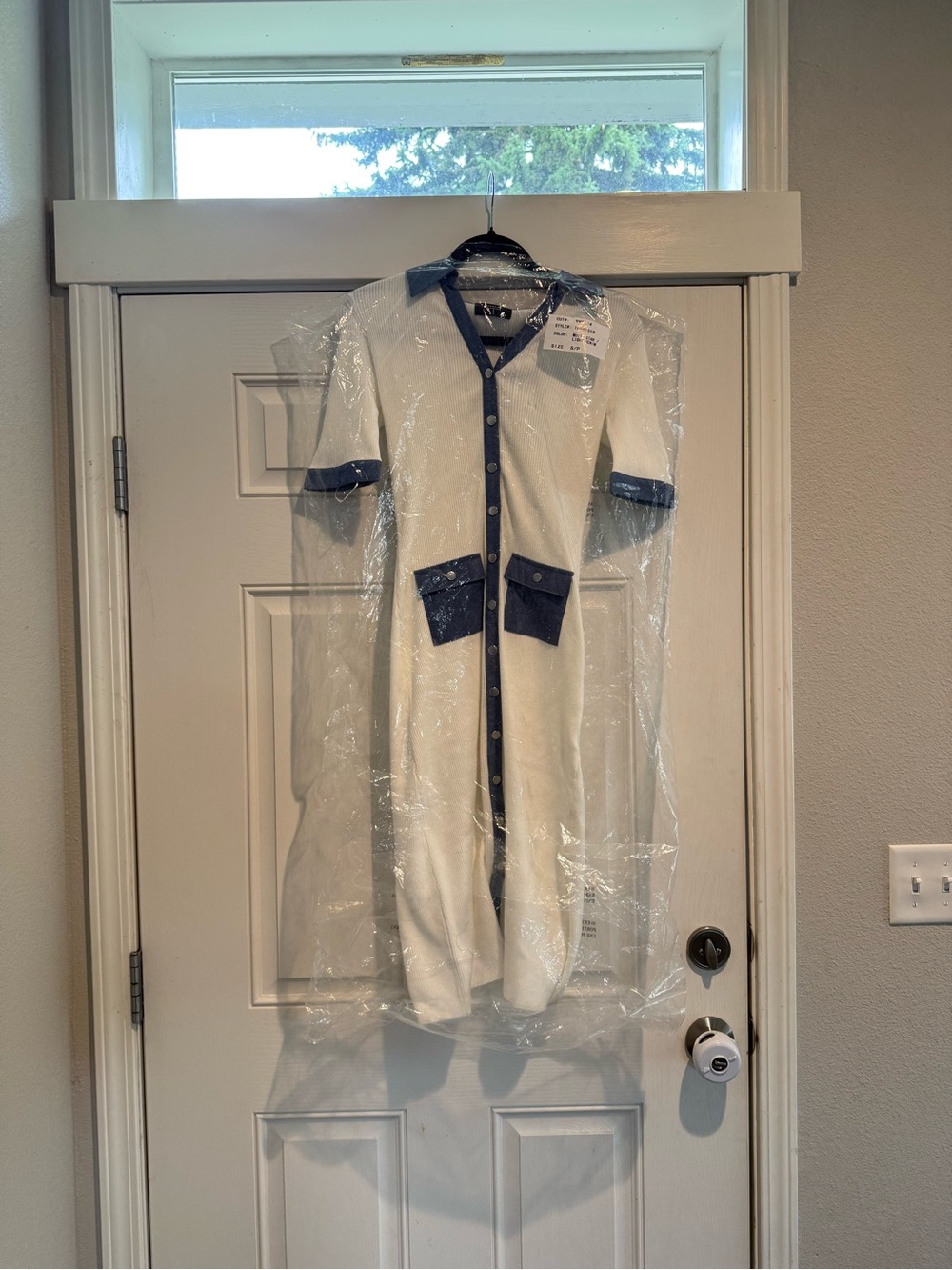 Tahari White Mid-Length Coat with Navy Trim